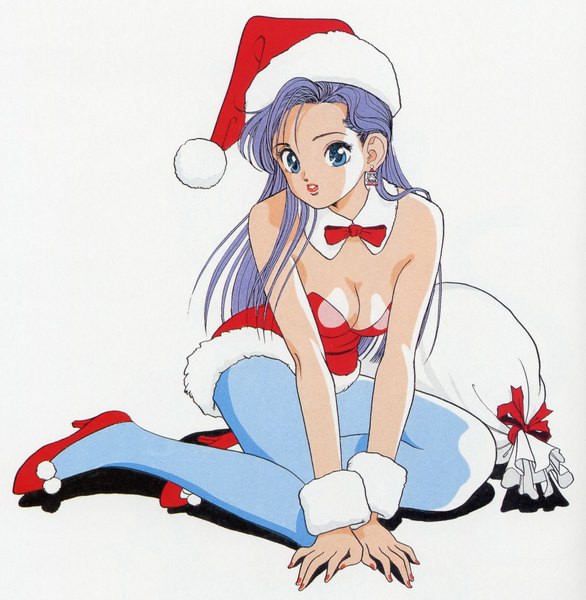 Anime picture 1024x1048 with ujin single long hair tall image blue eyes light erotic simple background white background sitting cleavage purple hair nail polish scan fur trim red nail polish girl earrings pantyhose fur santa claus costume