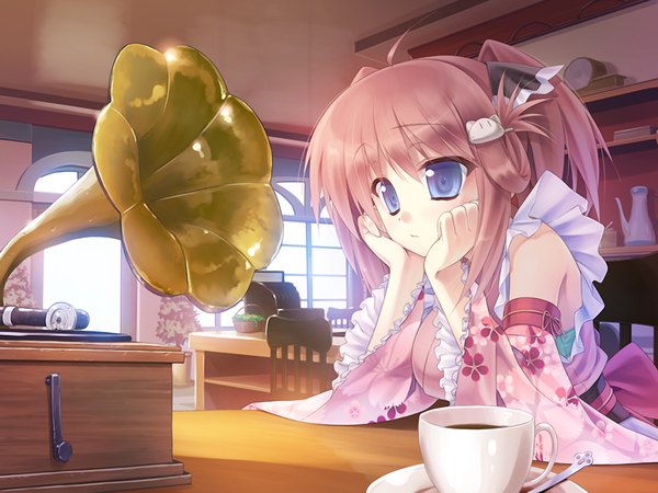 Anime picture 1024x768 with nadeshiko drip mizushiro miu single blue eyes brown hair twintails game cg short twintails head rest girl hair ornament cup phonograph