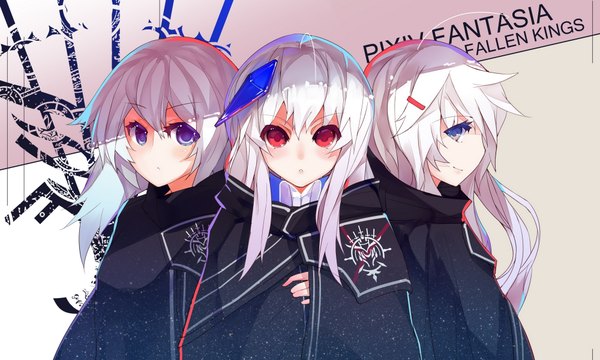 Anime picture 2000x1200 with original pixiv fantasia pixiv fantasia fallen kings rain lan long hair looking at viewer blush highres blue eyes smile red eyes wide image purple eyes multiple girls ahoge white hair profile inscription group girl