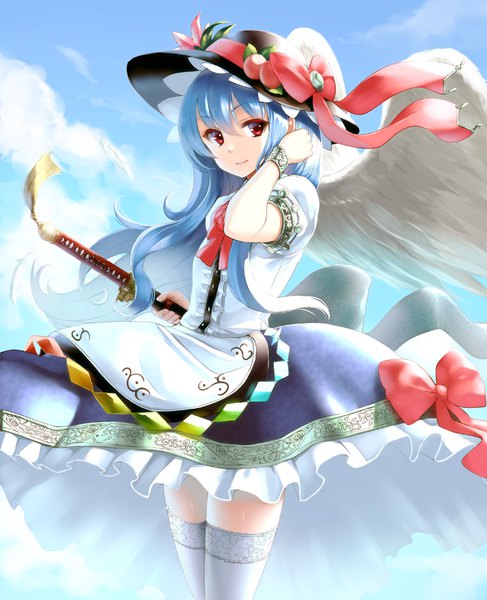 Anime picture 800x984 with touhou hinanawi tenshi takemori shintarou single long hair tall image fringe hair between eyes red eyes standing blue hair looking away sky cloud (clouds) light smile zettai ryouiki adjusting hair angel wings girl thighhighs