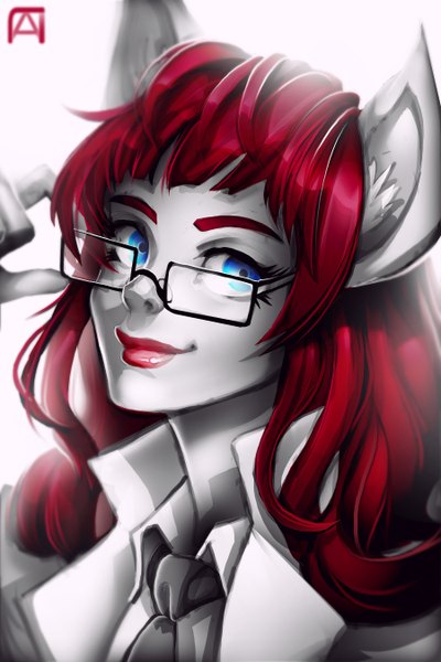 Anime picture 1800x2700 with pechan (artist) single long hair tall image highres blue eyes smile animal ears red hair lips monochrome partially colored girl glasses necktie