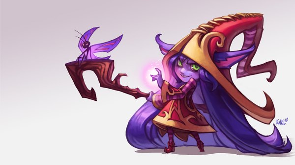Anime picture 1920x1080 with league of legends lulu (league of legends) knockwurst single looking at viewer highres simple background wide image green eyes animal ears very long hair grey background purple skin girl hat shoes witch hat staff clothes