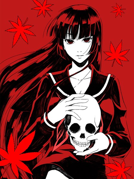 Anime picture 1200x1600 with tasogare otome x amnesia silver link kanoe yuuko kazuki seihou single long hair tall image looking at viewer breasts black hair red eyes large breasts standing holding pale skin red background girl uniform serafuku leaf (leaves)