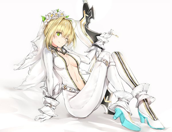 Anime picture 1700x1300 with fate (series) fate/extra fate/extra ccc nero claudius (fate) (all) nero claudius (fate) nero claudius (bride) (fate) silver (chenwen) single looking at viewer blush fringe short hair breasts light erotic simple background blonde hair smile hair between eyes white background sitting