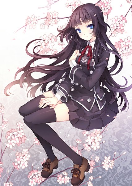 Anime picture 600x842 with original tearfish single long hair tall image looking at viewer fringe blue eyes sitting purple hair pleated skirt zettai ryouiki cherry blossoms hime cut girl thighhighs skirt flower (flowers) ribbon (ribbons) black thighhighs