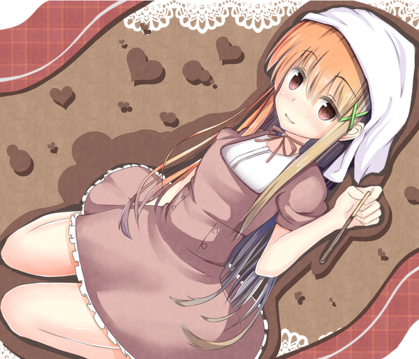 Anime picture 1157x992 with original shirotaso0818 single long hair looking at viewer blush smile red eyes brown hair multicolored hair girl dress heart sweets pocky