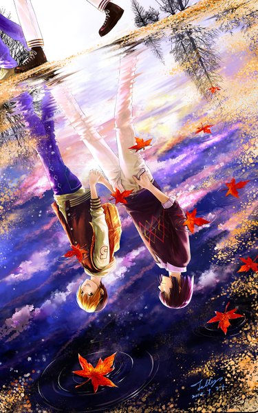 Anime picture 900x1440 with hikaru no go studio pierrot shindou hikaru akira toya ziyeqiongtu tall image short hair open mouth black hair blonde hair smile brown eyes signed looking away sky cloud (clouds) multicolored hair open clothes open jacket two-tone hair