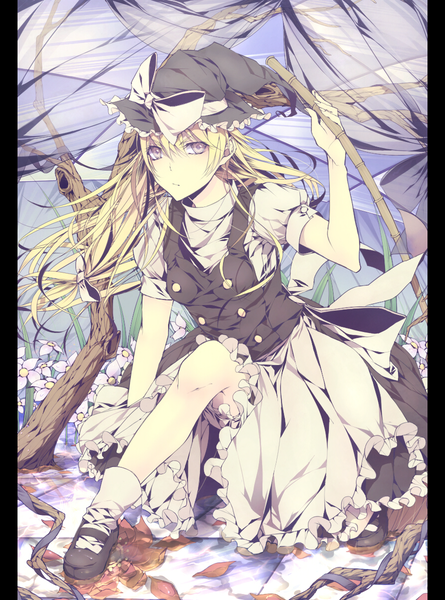 Anime picture 890x1200 with touhou kirisame marisa nai kitsu (artist) single long hair tall image blonde hair pink eyes witch girl flower (flowers) bow plant (plants) hat socks boots leaf (leaves) white socks witch hat