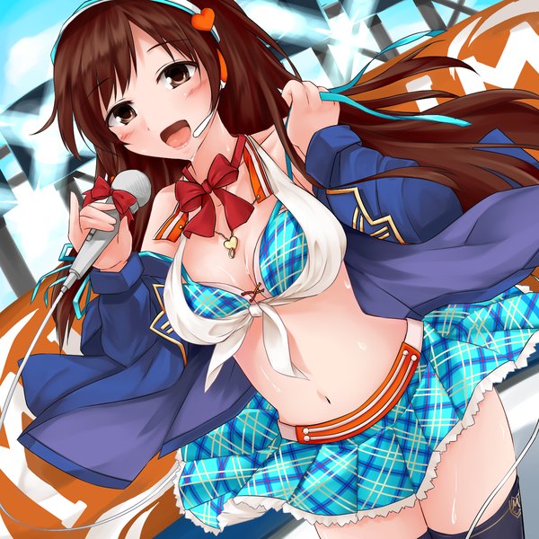 Anime picture 1400x1400 with idolmaster idolmaster cinderella girls nitta minami minami machi single long hair blush open mouth light erotic brown hair bare shoulders cleavage open clothes midriff girl thighhighs navel miniskirt headphones microphone