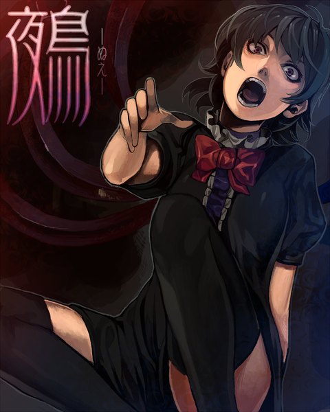 Anime picture 960x1200 with touhou houjuu nue irohara mitabi single tall image looking at viewer short hair open mouth black hair simple background red eyes sitting black background girl thighhighs dress black thighhighs wings