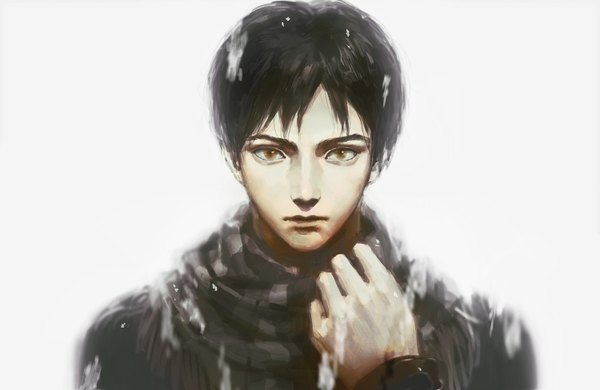 Anime picture 1500x976 with shingeki no kyojin production i.g eren yaeger par single looking at viewer short hair black hair simple background white background brown eyes portrait snowing boy scarf