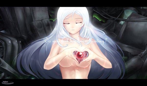 Anime picture 1600x941 with original jinkou tenshi single long hair breasts light erotic wide image white hair eyes closed inscription heart hands mechanical girl heart