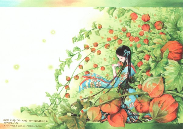 Anime picture 3195x2250 with tukiji nao (green glass) single long hair highres black hair simple background white background absurdres japanese clothes profile scan inscription framed ribbon (ribbons) plant (plants) hair ribbon kimono