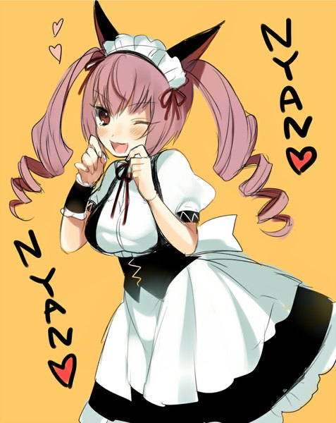 Anime picture 756x951 with steins;gate white fox faris nyannyan kippu single long hair tall image looking at viewer blush fringe open mouth simple background twintails animal ears pink hair one eye closed pink eyes wink cat ears character names