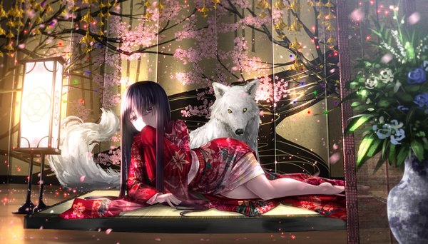 Anime picture 1575x900 with touhou inubashiri momiji houraisan kaguya inubashiri momiji (wolf) ryosios long hair looking at viewer fringe black hair red eyes wide image yellow eyes bent knee (knees) traditional clothes japanese clothes barefoot bare legs no shoes cherry blossoms floral print