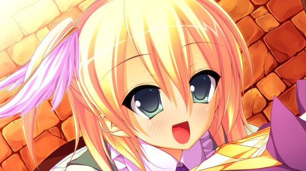 Anime picture 1280x720 with tiny dungeon (game) rosebleu uluru short hair open mouth blonde hair wide image green eyes game cg loli girl