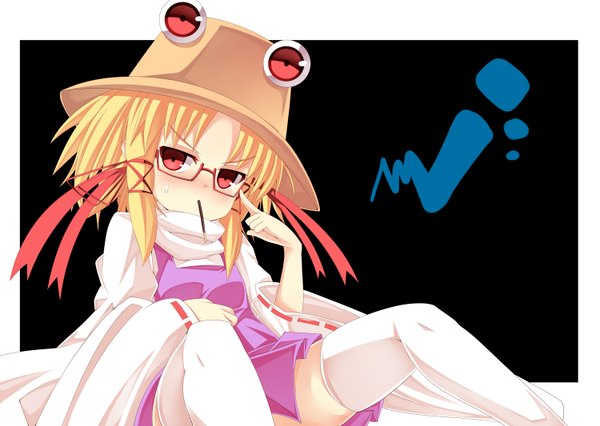 Anime picture 1500x1066 with touhou moriya suwako gamuo single looking at viewer blush short hair light erotic blonde hair red eyes adjusting glasses bespectacled girl thighhighs hat white thighhighs glasses sweets pocky