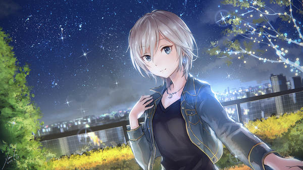 Anime picture 1920x1080 with idolmaster idolmaster cinderella girls anastasia (idolmaster) anbe yoshirou single looking at viewer highres short hair blue eyes wide image silver hair cloud (clouds) upper body light smile night open jacket wallpaper night sky outstretched hand girl