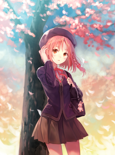 Anime picture 1000x1351 with touhou hong meiling fukahire (ruinon) single tall image looking at viewer blush red eyes pink hair braid (braids) wind alternate costume cherry blossoms side braid alternate hairstyle spring alternate hair length girl uniform plant (plants)
