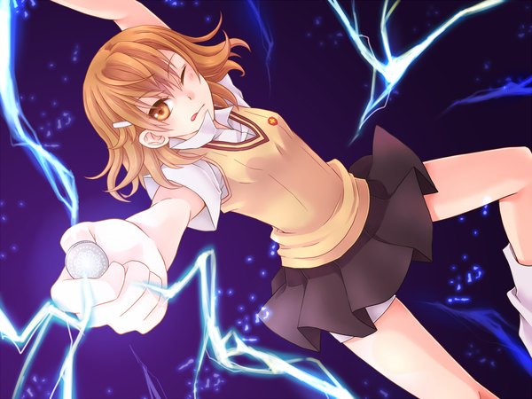 Anime picture 1500x1125 with to aru kagaku no railgun to aru majutsu no index j.c. staff misaka mikoto single short hair brown hair brown eyes one eye closed wink :p lightning biribiri girl skirt uniform school uniform miniskirt vest coin (coins)