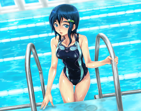 Anime picture 1600x1259 with idolmaster idolmaster dearly stars mizutani eri tachi hirushi single blush short hair open mouth blue eyes light erotic blue hair wet girl hair ornament swimsuit hairclip goggles pool