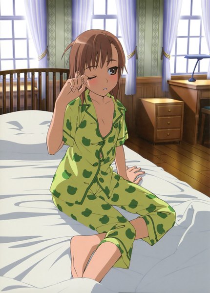 Anime picture 2677x3730 with to aru kagaku no railgun to aru majutsu no index j.c. staff misaka mikoto gekota single tall image highres short hair brown hair brown eyes scan official art animal print morning girl bed pajamas room