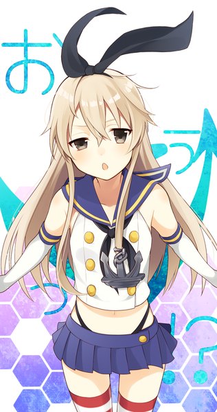 Anime picture 850x1611 with kantai collection shimakaze destroyer chisumi single long hair tall image looking at viewer blush open mouth blonde hair hair between eyes bare shoulders from above black eyes inscription spread arms girl thighhighs skirt uniform