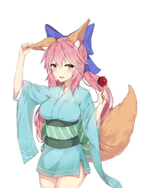 Anime picture 1068x1424 with fate (series) fate/extra tamamo (fate) (all) tamamo no mae (fate) alios arvin sdustz single long hair tall image blush simple background white background twintails holding animal ears yellow eyes looking away pink hair tail traditional clothes