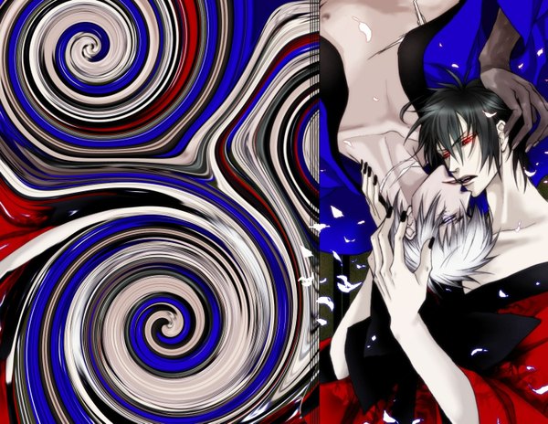 Anime picture 1500x1161 with original uehara (artist) short hair blue eyes black hair red eyes purple eyes silver hair white hair japanese clothes multiple boys couple hug pale skin face to face shounen ai demon almost kiss boy petals