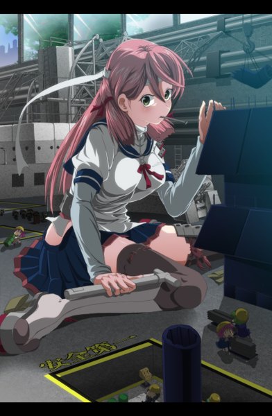 Anime picture 817x1250 with kantai collection fairy (kantai collection) akashi repair ship rrw (wrwrwr54) single long hair tall image looking at viewer blush brown eyes pink hair girl thighhighs skirt sailor suit