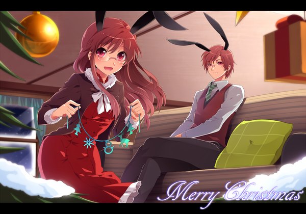 Anime picture 1389x973 with original milcho long hair looking at viewer short hair red eyes brown hair sitting bunny ears crossed legs christmas merry christmas bunny boy girl dress boy glasses pillow garland