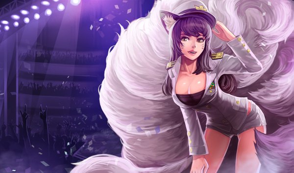 Anime picture 1215x717 with league of legends ahri (league of legends) goomrrat single long hair black hair wide image brown eyes animal ears tail facial mark multiple tails whisker markings girl shorts short shorts suit flat cap