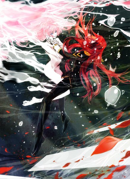 Anime picture 728x1001 with revolutionary girl utena j.c. staff tenjou utena kiryuu touga you (pisan) long hair tall image blue eyes light erotic pink hair red hair very long hair nude underwater hand on face girl boy uniform petals bubble (bubbles)