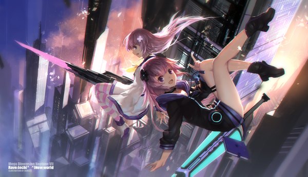Anime picture 1890x1087 with choujigen game neptune neptune (choujigen game neptune) nepgear swd3e2 long hair looking at viewer fringe highres open mouth wide image purple eyes multiple girls pink hair bent knee (knees) long sleeves profile looking back from above sunlight wide sleeves