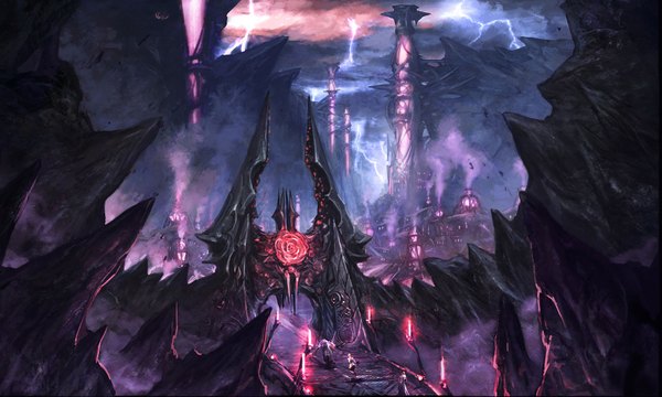 Anime picture 1600x960 with tera online wide image sky smoke rock lightning gate lantern bridge road tower