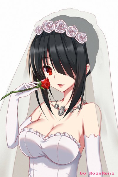 Anime picture 731x1091 with date a live tokisaki kurumi qingchen single tall image looking at viewer fringe short hair breasts black hair simple background red eyes large breasts white background bare shoulders holding payot cleavage upper body parted lips
