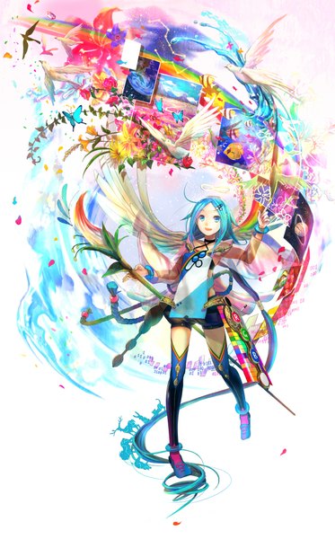 Anime picture 1445x2321 with original pixiv fuzichoco tall image aqua eyes aqua hair constellation painting girl thighhighs flower (flowers) animal wings bird (birds) insect butterfly staff planet picture rainbow