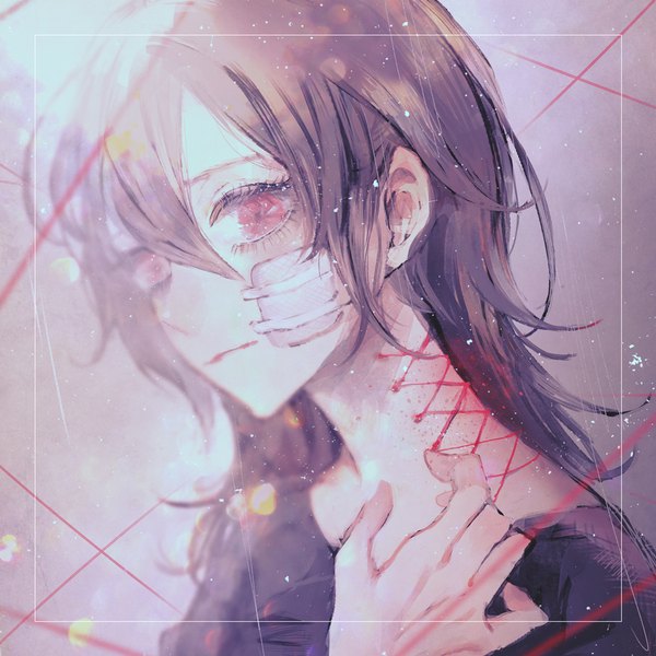 Anime picture 900x900 with original yumeno yume single long hair looking at viewer fringe simple background hair between eyes red eyes brown hair upper body grey background lens flare injury bleeding girl shirt blood thread red thread