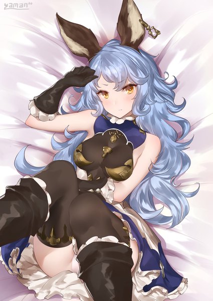 Anime picture 1500x2118 with granblue fantasy ferri (granblue fantasy) yaman (yamanta lov) single long hair tall image looking at viewer blush fringe breasts light erotic bare shoulders signed animal ears yellow eyes blue hair bent knee (knees) lying on back wavy hair