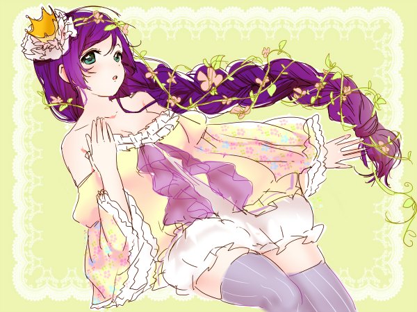 Anime picture 1200x900 with love live! school idol project sunrise (studio) love live! toujou nozomi yumesaki nana single long hair looking at viewer breasts open mouth bare shoulders green eyes purple hair braid (braids) long sleeves wide sleeves single braid girl thighhighs hair ornament