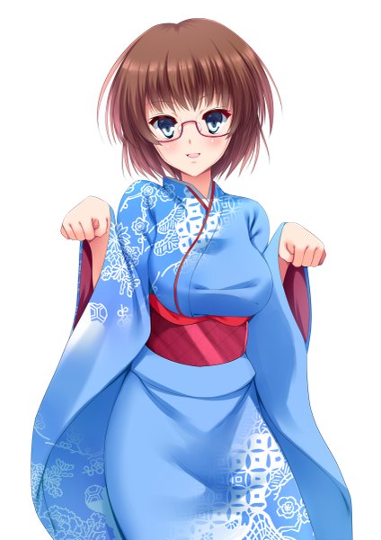 Anime picture 849x1200 with original yappen single tall image looking at viewer blush short hair open mouth blue eyes simple background brown hair white background traditional clothes japanese clothes girl glasses kimono