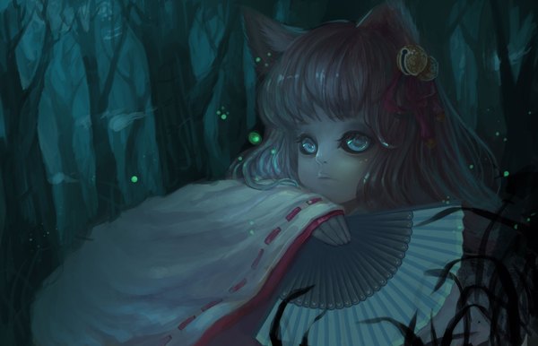 Anime picture 2209x1422 with original luman single long hair highres blue eyes animal ears long sleeves traditional clothes loli fox girl gloom girl hair ornament plant (plants) tree (trees) bell fan forest fireflies