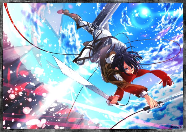 Anime picture 1200x851 with shingeki no kyojin production i.g mikasa ackerman sorairo8nanairo single short hair blue eyes black hair holding sky cloud (clouds) open clothes open jacket dual wielding girl weapon petals sword boots belt