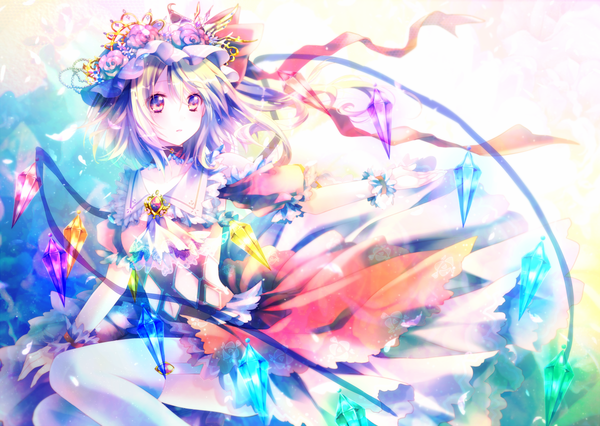 Anime picture 1200x853 with touhou flandre scarlet riichu single short hair blonde hair red eyes looking away girl thighhighs dress flower (flowers) white thighhighs wings bonnet crystal