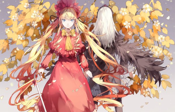 Anime picture 1298x830 with rozen maiden suigintou shinku nine (liuyuhao1992) long hair looking at viewer blue eyes blonde hair twintails multiple girls silver hair very long hair sparkle back drill hair lolita fashion girl dress flower (flowers) bow