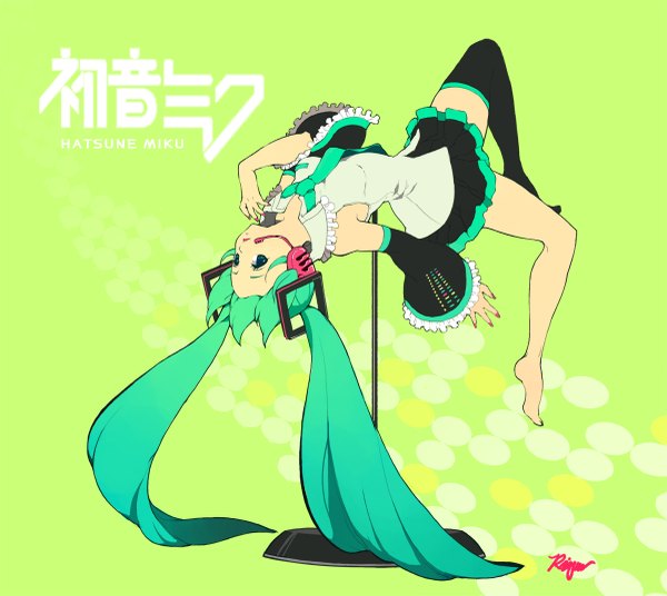 Anime picture 1200x1073 with vocaloid hatsune miku riqurr (pixiv) single long hair looking at viewer open mouth blue eyes twintails bare shoulders signed nail polish multicolored hair barefoot green hair aqua hair inscription hieroglyph open collar red nail polish