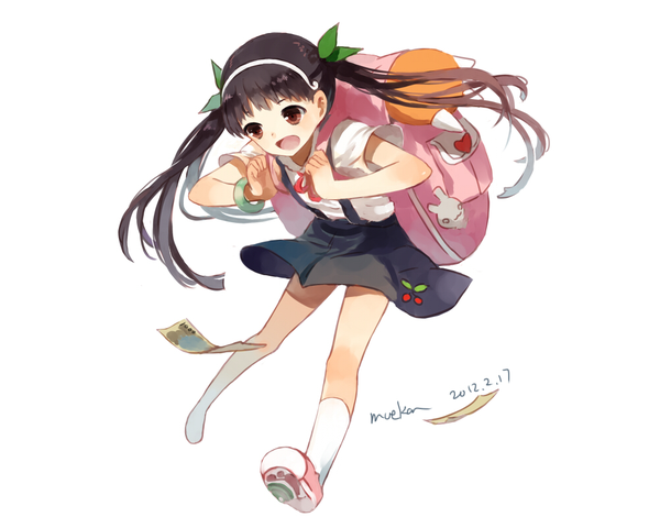 Anime picture 1000x800 with bakemonogatari shaft (studio) monogatari (series) hachikuji mayoi moekon single long hair blush open mouth black hair simple background white background twintails signed girl socks bracelet white socks backpack money