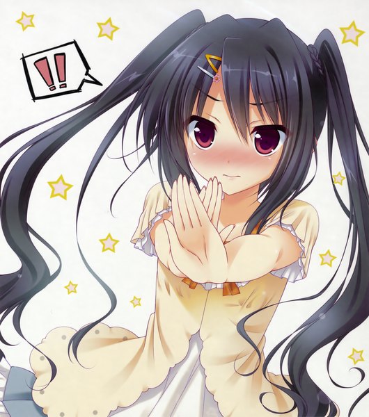 Anime picture 2463x2791 with onii-chan migite no shiyou wo kinshi shimasu! imoo kaede hisama kumako single long hair tall image looking at viewer blush highres black hair red eyes white background twintails outstretched arm ! girl dress hair ornament hairclip star (symbol)