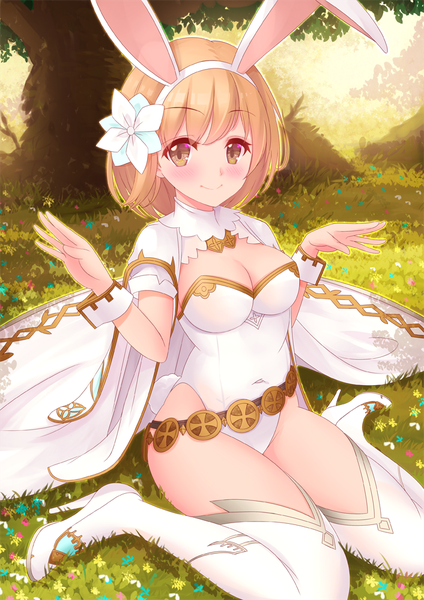 Anime picture 706x1000 with granblue fantasy gita (granblue fantasy) yoshiheihe single tall image looking at viewer blush short hair breasts light erotic smile brown hair brown eyes animal ears sage (granblue fantasy) girl thighhighs flower (flowers) plant (plants) white thighhighs