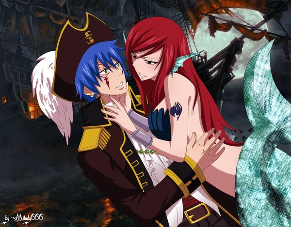 Anime picture 1600x1253 with fairy tail erza scarlet jellal fernandes milady666 long hair short hair brown eyes blue hair red hair grey eyes tattoo hug face to face face paint fish tail monsterification girl boy earrings watercraft